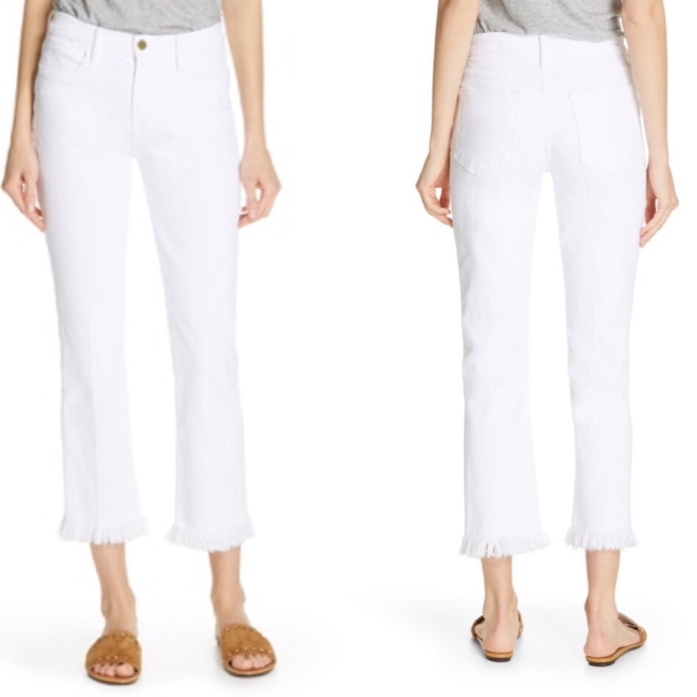 Frame Denim White Cropped Ankle Jeans with Frayed Hem